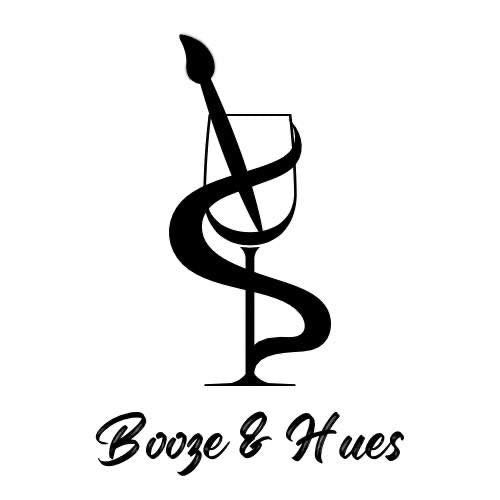 Logo of 'Booze & Hues' with a wine glass and snake design on a white background