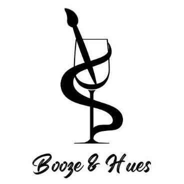 Logo of 'Booze & Hues' with a wine glass and snake design on a white background