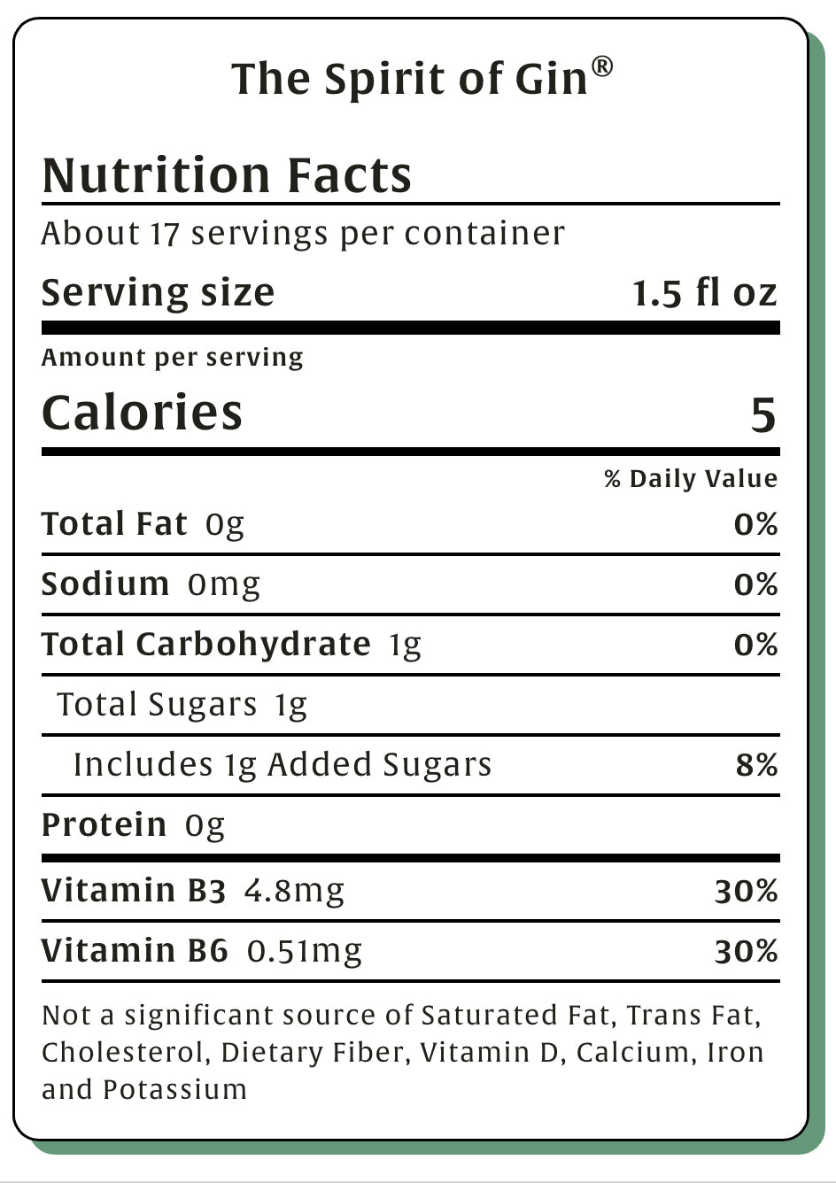 Nutrition facts label for a product called 'The Spirit of Gin' with serving size, calories, and vitamin content.