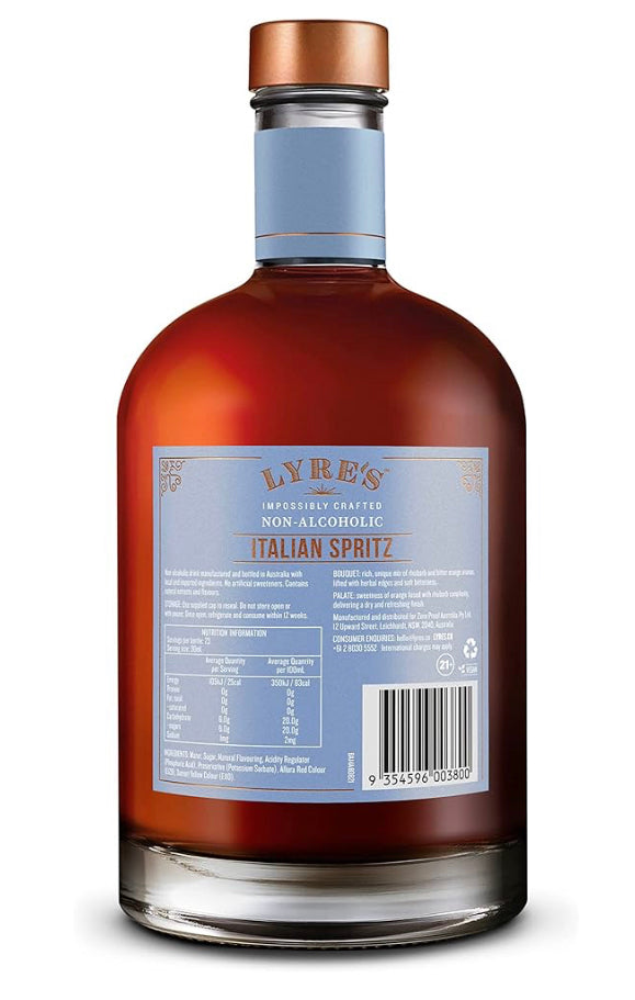 Bottle of Lyres Non-Alcoholic Italian Spritz with a blue label on a white background