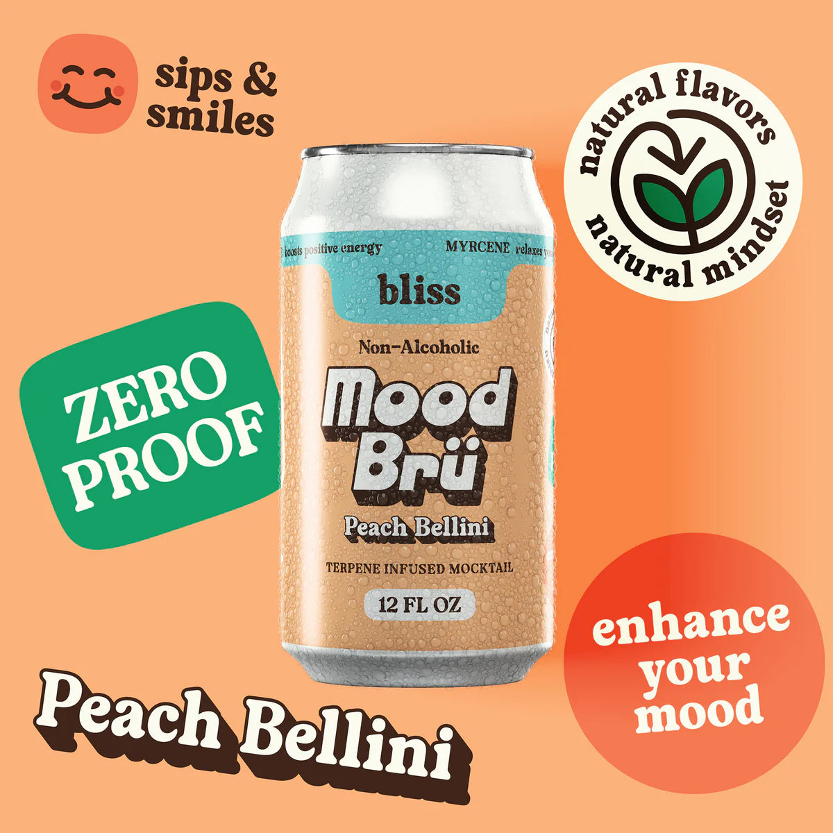 Mood Bru Peach Bellini can with branding and text on an orange background