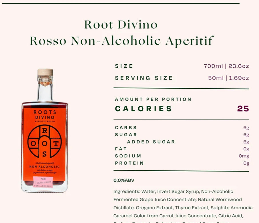 Root Divino Rosso Non-Alcoholic Aperitif bottle with nutritional information on a white background