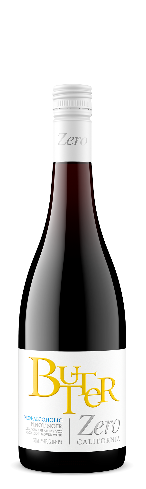 Bottle of Butter Zero non-alcoholic red wine on a white background
