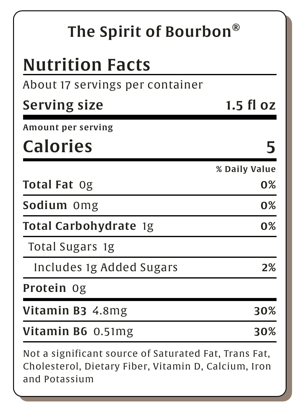 Nutrition facts label for 'The Spirit of Bourbon' with serving size and calorie information.