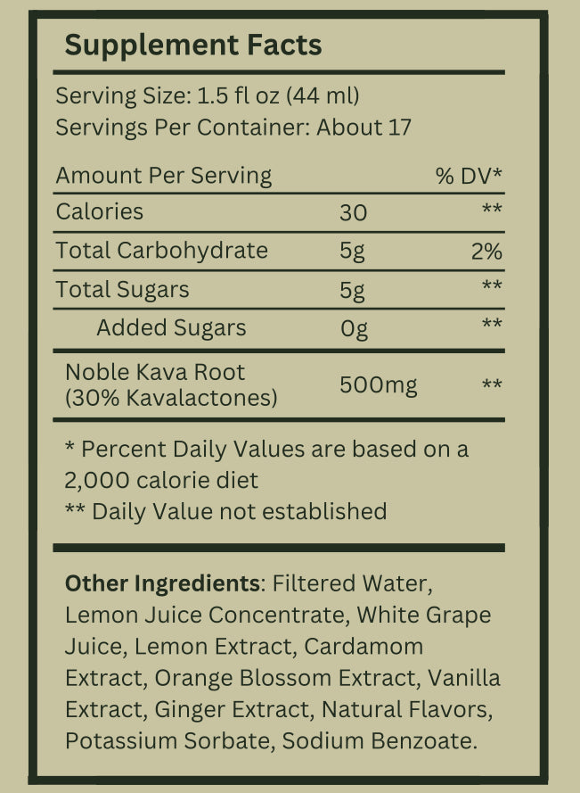 Supplement facts label for a product with Kava Root on a beige background