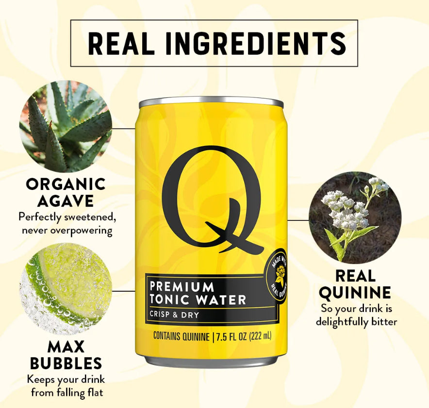Yellow can of Q Premium Tonic Water with ingredients listed on a light yellow background