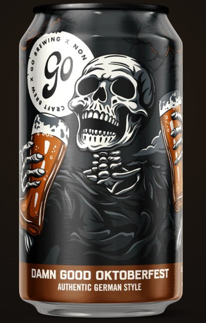 A single craft beer can with a black label featuring a large white skull illustration and brown beer glasses, labeled 'Damn Good Oktoberfest' and 'Authentic German Style.'.
