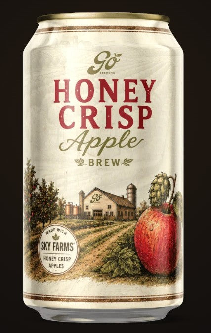 A 16 oz aluminum can of Go Brew Honey Crisp Apple Brew, featuring a cream-colored label with red and green text, an illustration of a farm building, and a large red apple graphic, set against a solid black background.