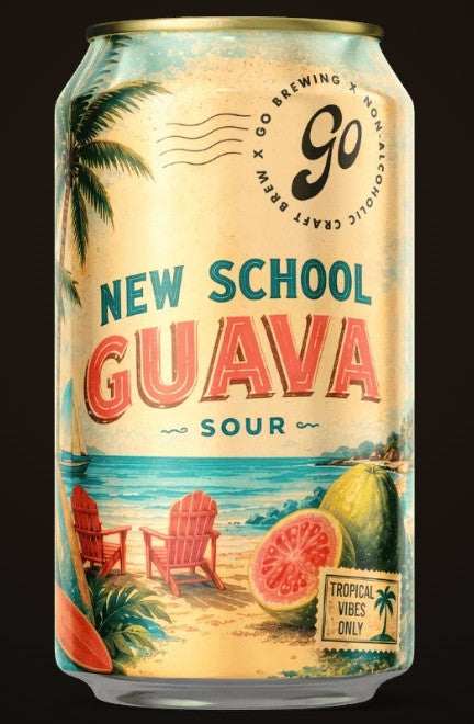 A 12 oz aluminum can of Go Brewing New School Guava Sour, featuring a tropical beach illustration with red chairs, a sliced guava, a whole guava, palm trees, and turquoise ocean water on a cream-colored background.