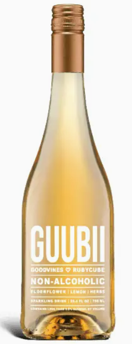 Bottle of GUUBII non-alcoholic drink with a gold cap on a white background