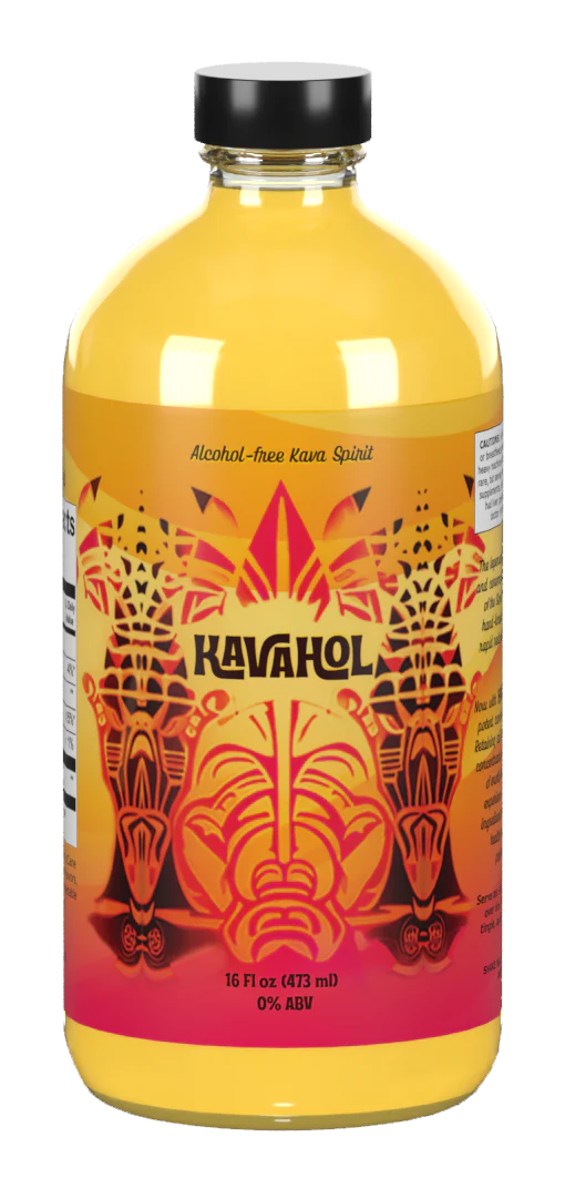 Yellow bottle with colorful design and 'Kavahol' branding on a white background