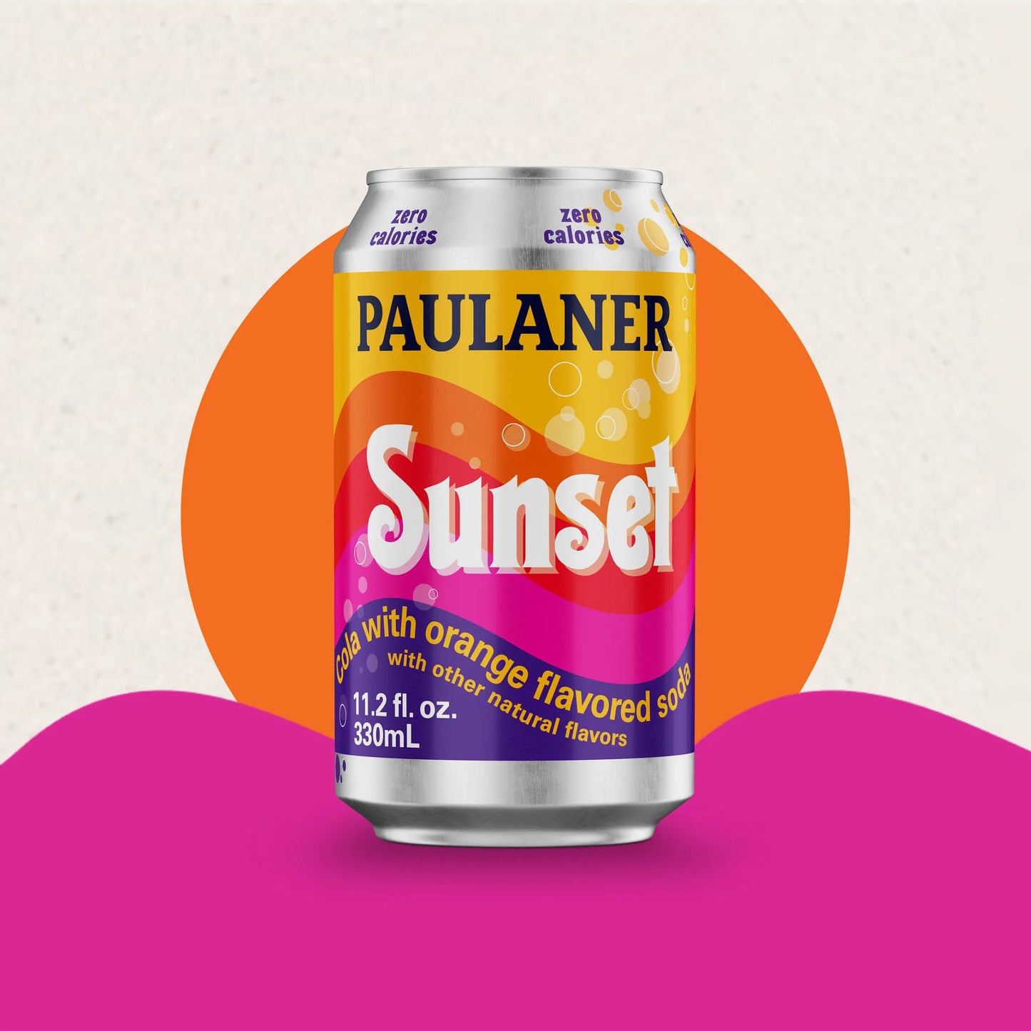 Paulaner Sunset beer can on a colorful background