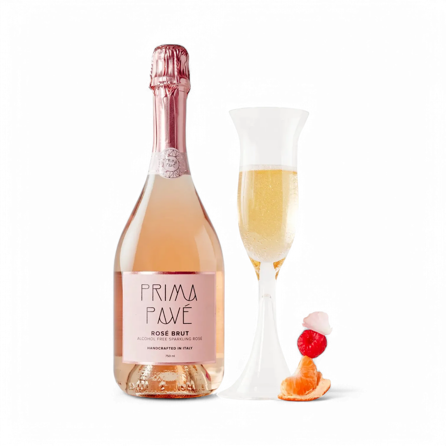 Bottle of Prima Pave Rosé Brut with a glass of champagne on a white background