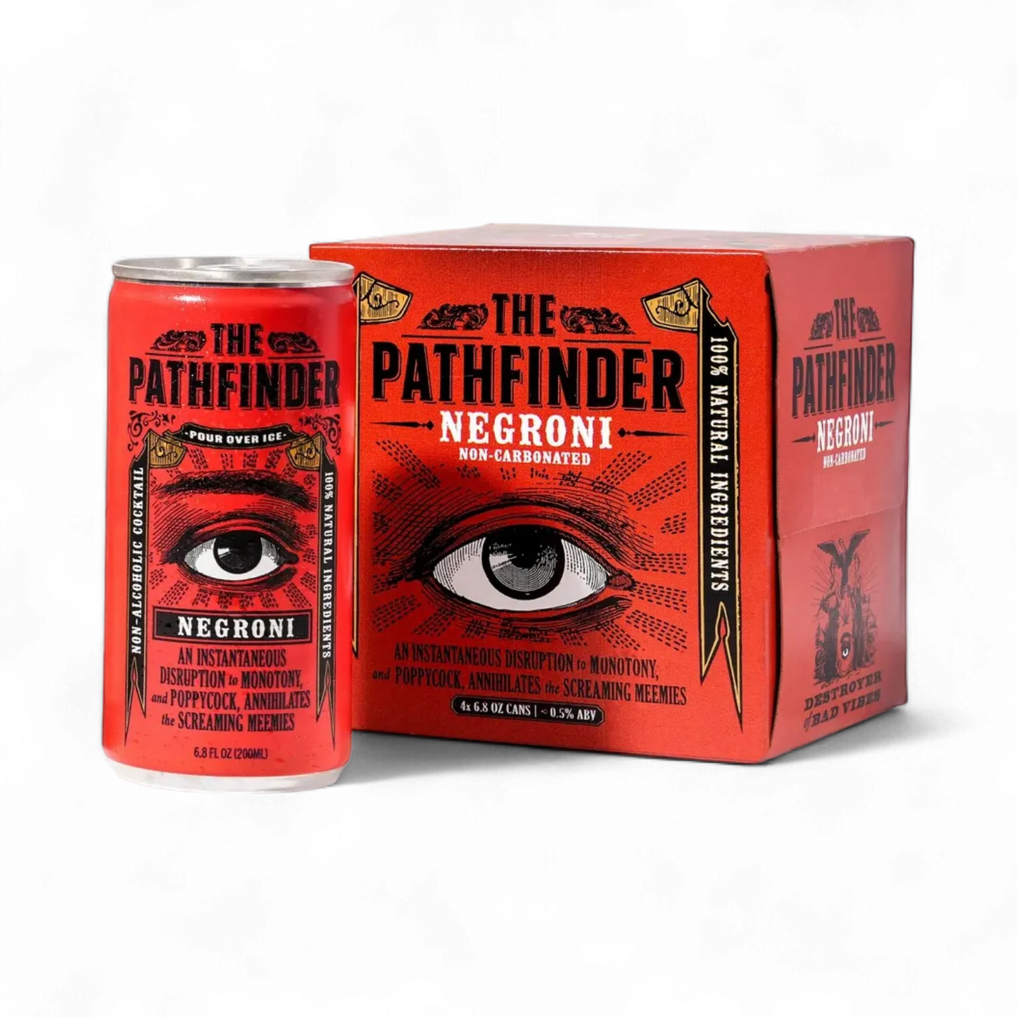 The Pathfinder Negroni can and box with eye design on a white background
