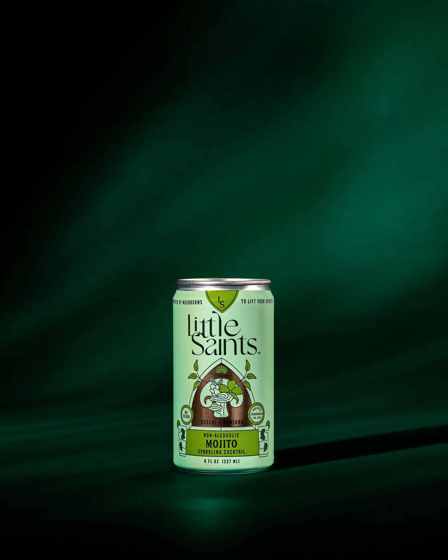 Can of Little Saints Mojito on a dark green background
