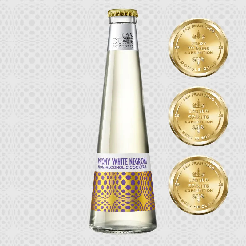 Bottle of Phony White Negroni non-alcoholic cocktail with gold labels on a light gray background