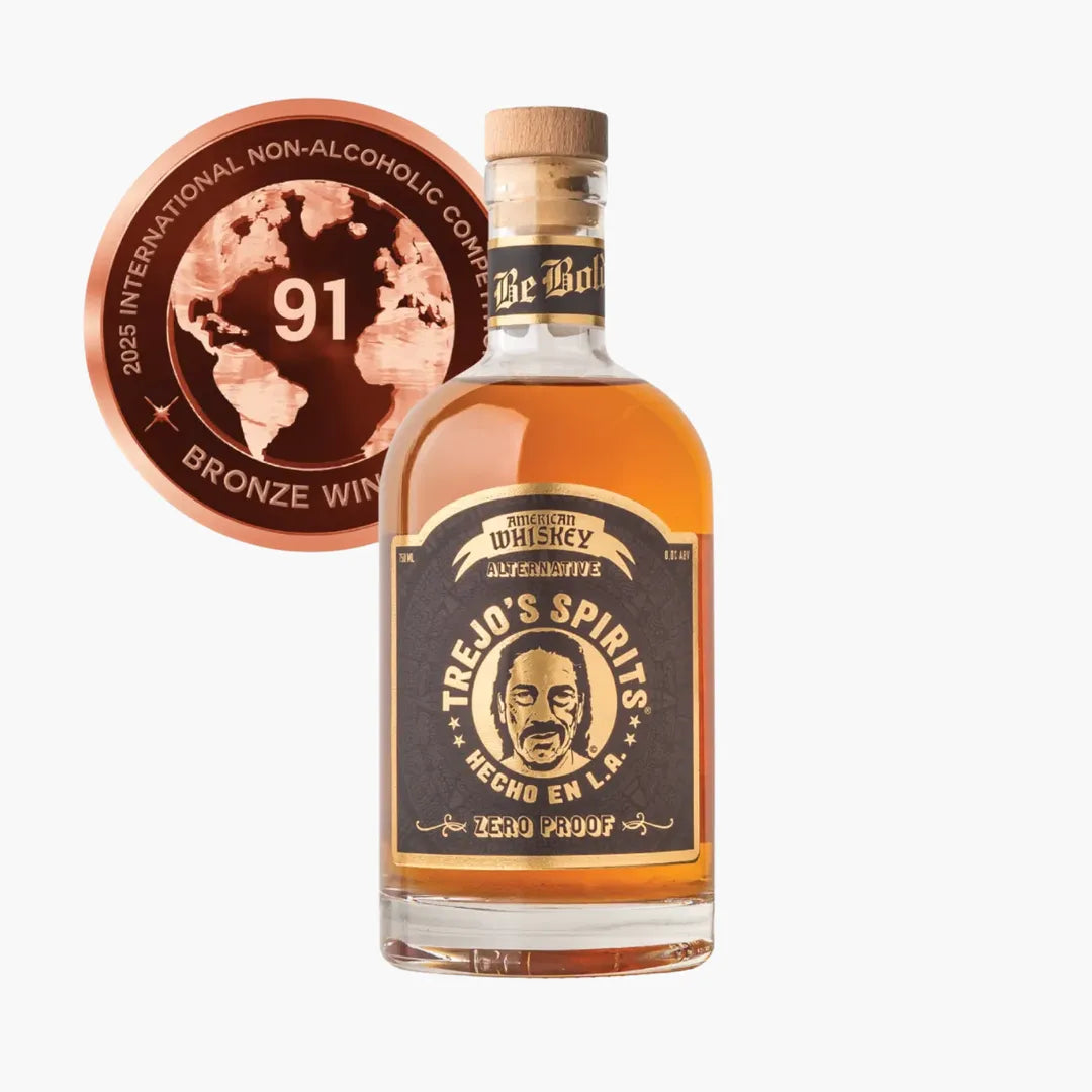Bottle of Trejo's Spirits whiskey alternative with a bronze award on a white background