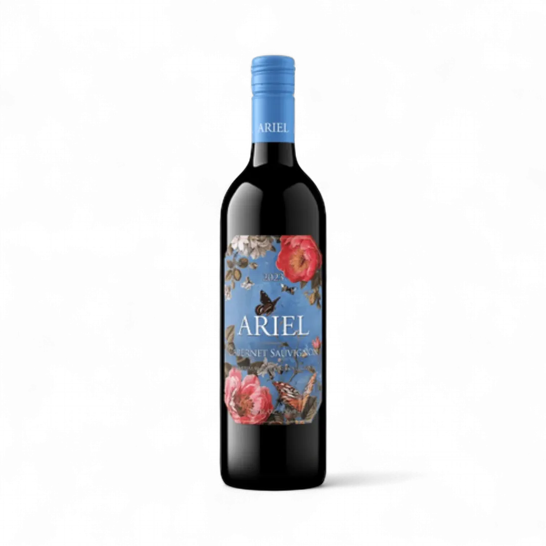 Wine bottle with floral label on a white background
