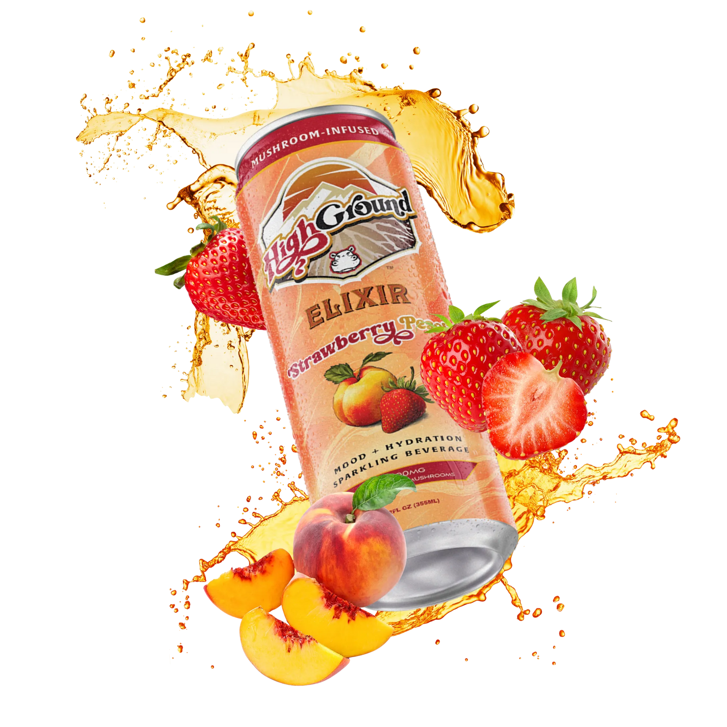 High Ground Elixir Strawberry Peach mushroom-infused drink with fruit graphics on a white background
