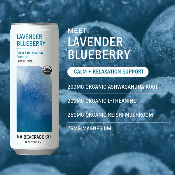 Lavender Blueberry beverage can with ingredient list on a blueberry background