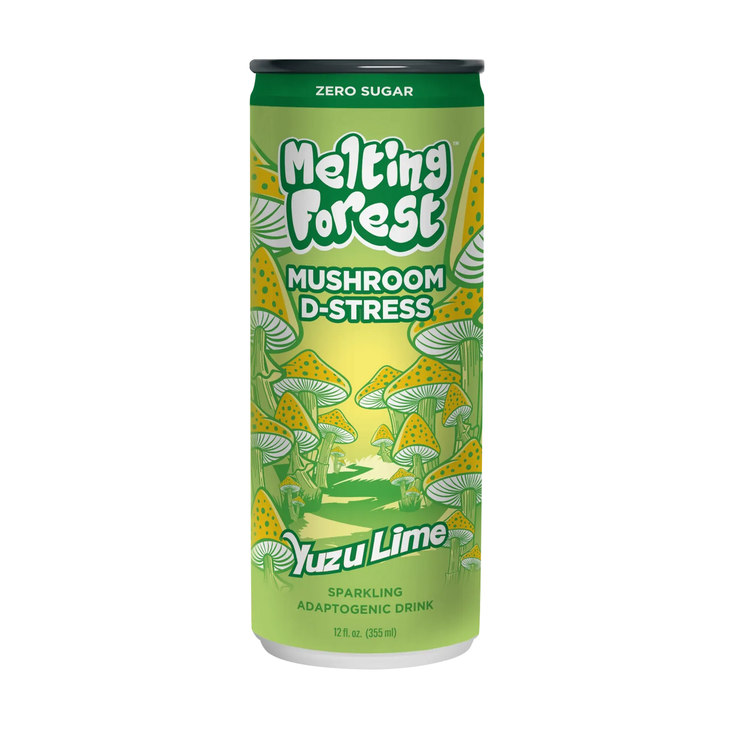 Melting Forest Mushroom D-Stress Yuzu Lime sparkling adaptogenic drink can on a white background