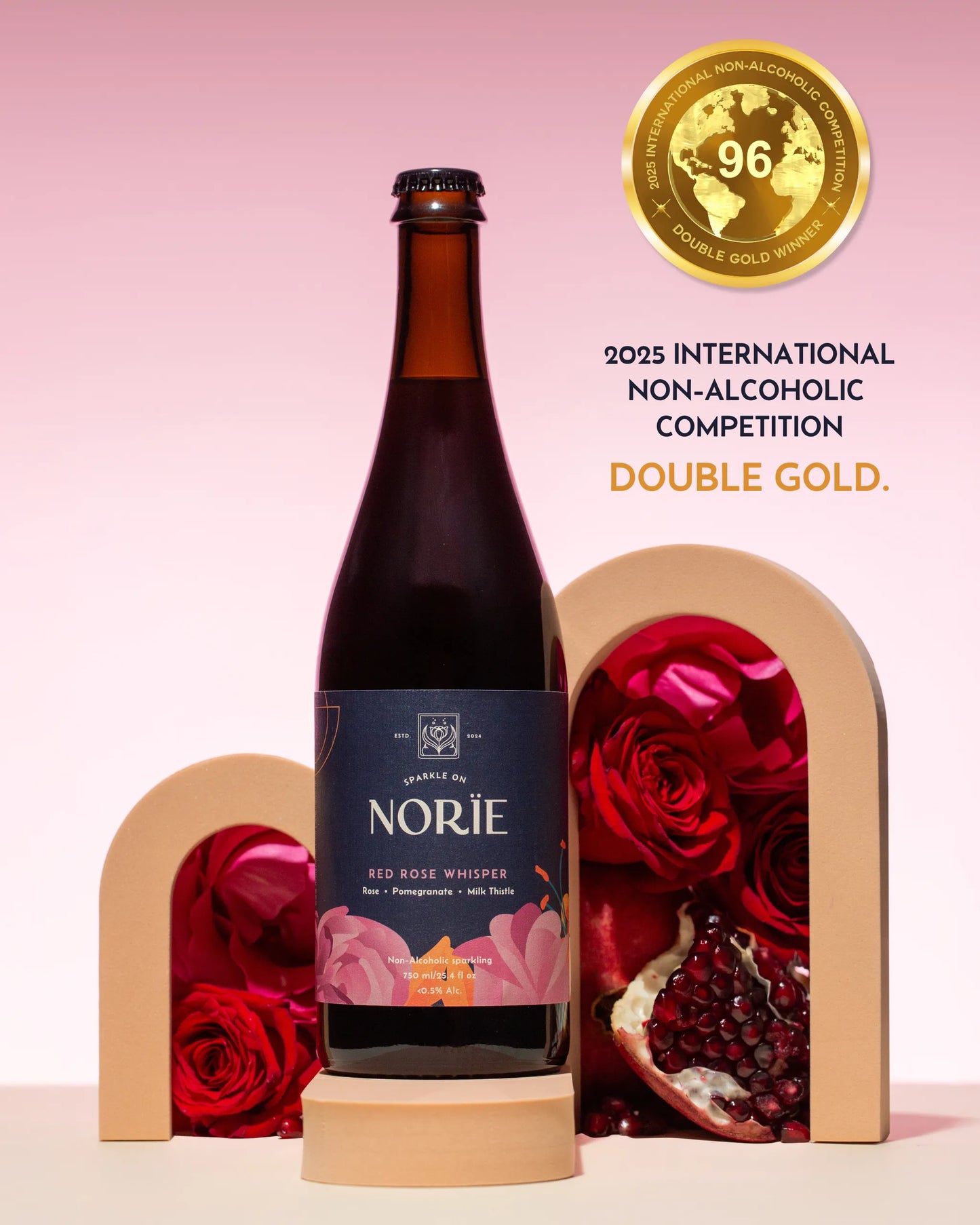 Bottle of Norie wine with decorative arches and roses on a pink background