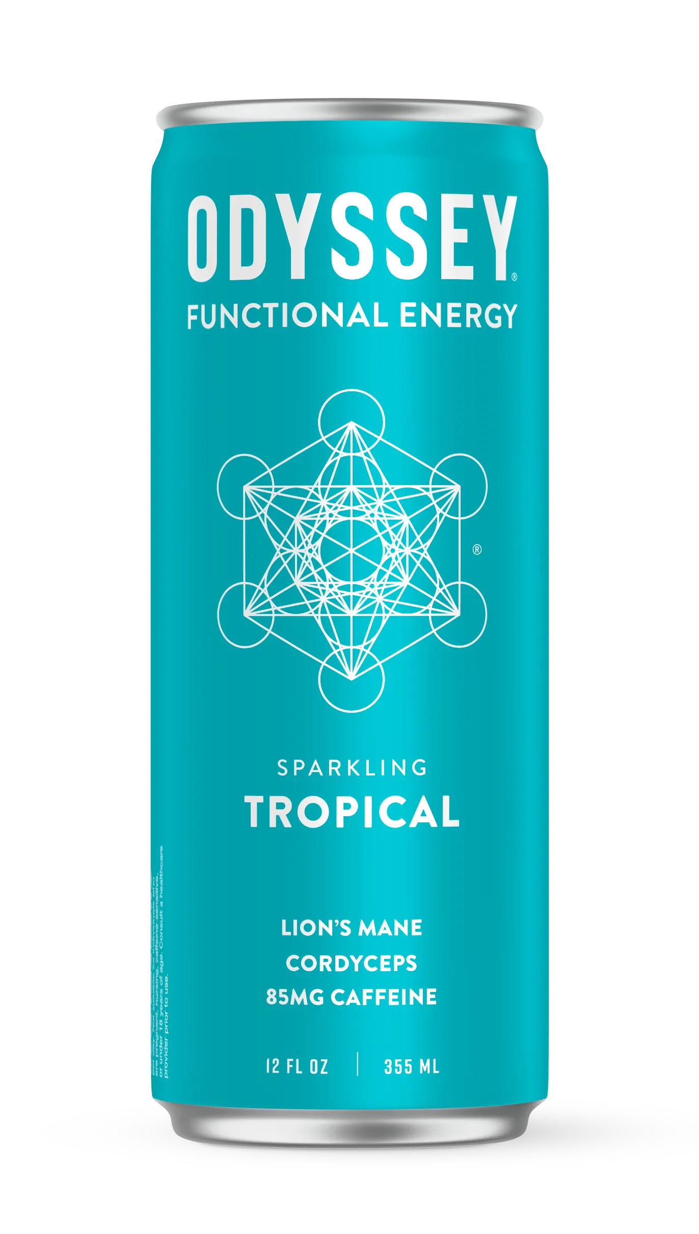 Teal can of Odyssey Functional Energy drink with a white geometric design on a white background