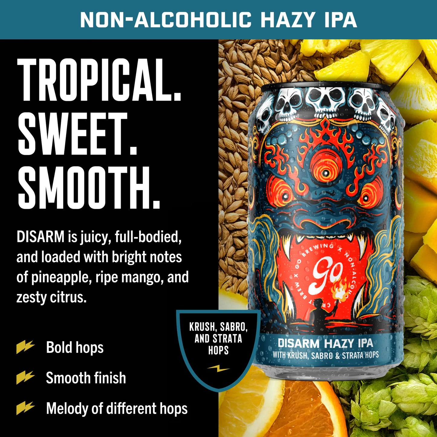 Non-alcoholic hazy IPA can with ingredients and flavor description on a blue background