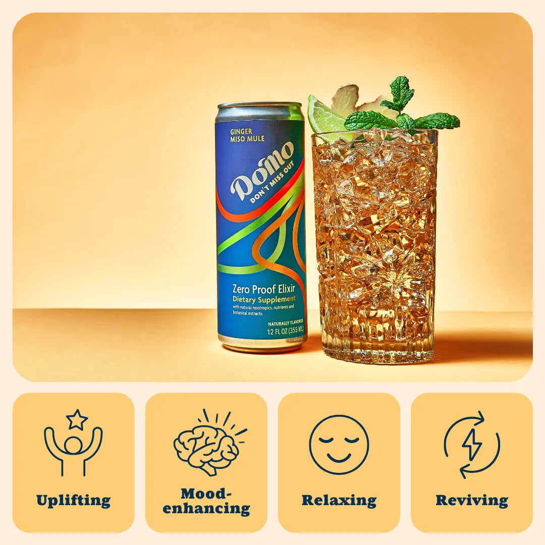 Domo Zero Proof Elixir can with a cocktail on an orange background