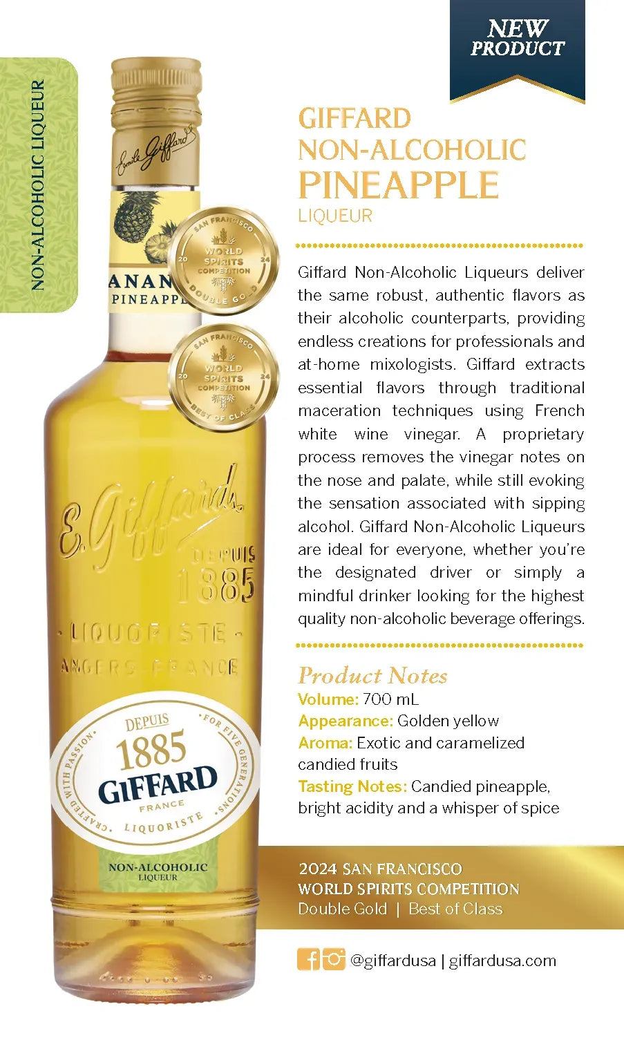 Giffard Non-Alcoholic Pineapple Liqueur bottle with product details on a white background