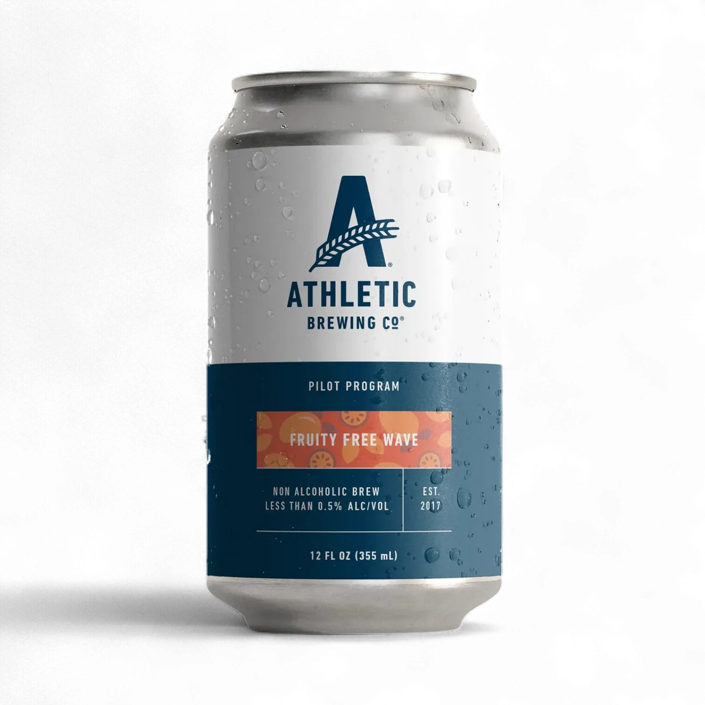 Athletic Brewing Co. can with a blue label on a white background