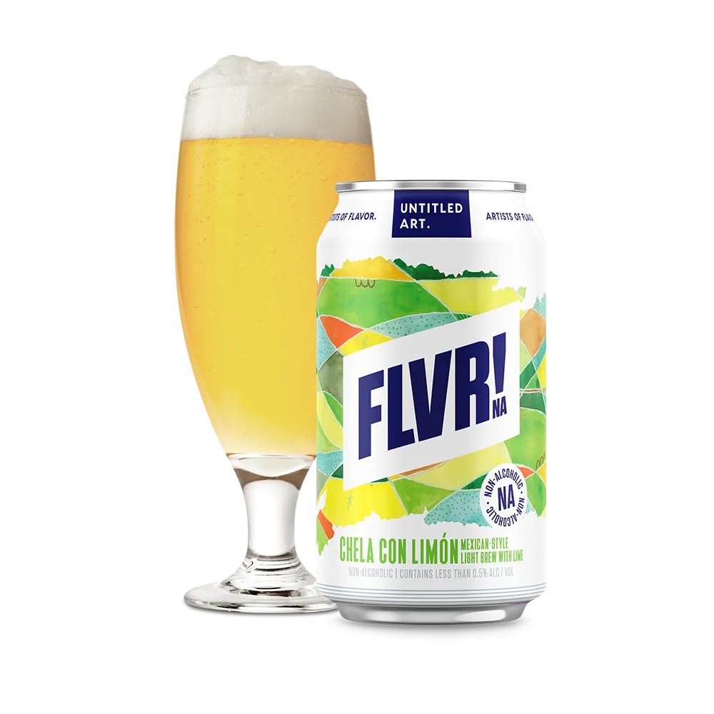 Can of FLVR! beer with a glass of beer on a white background