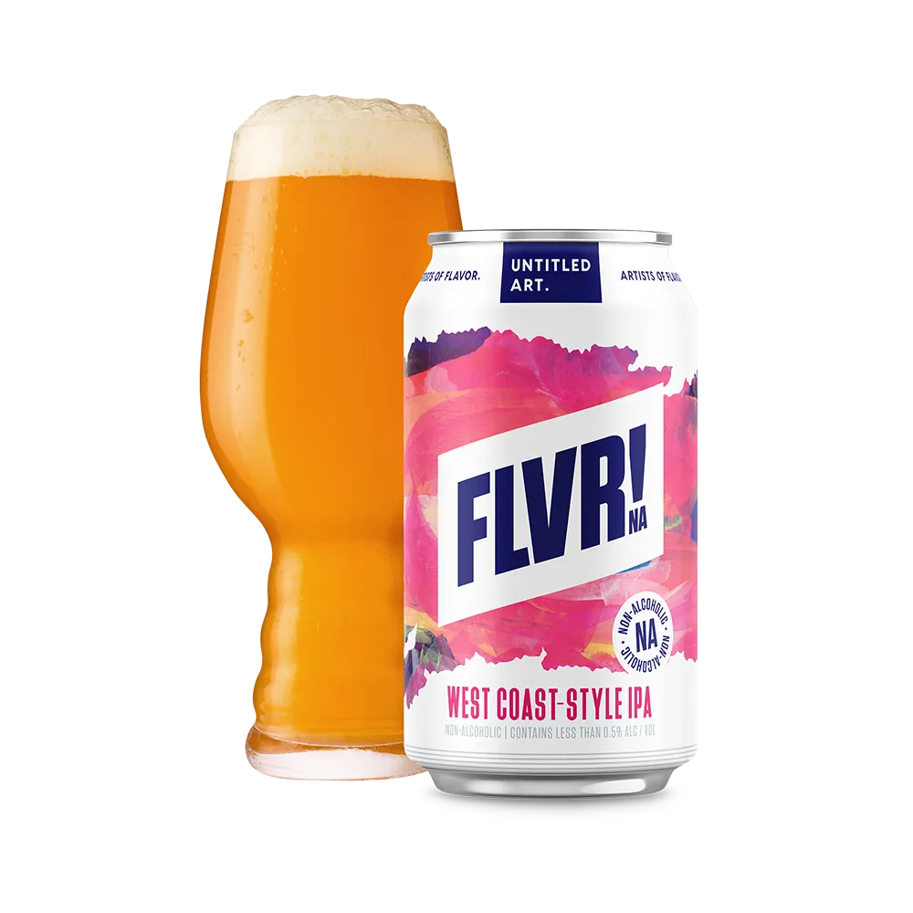 Can of FLVR! West Coast Style IPA next to a glass of beer on a white background