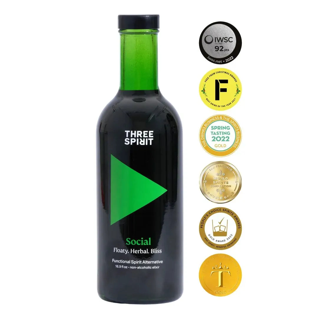 Bottle of Three Spirit Social with award badges on a white background