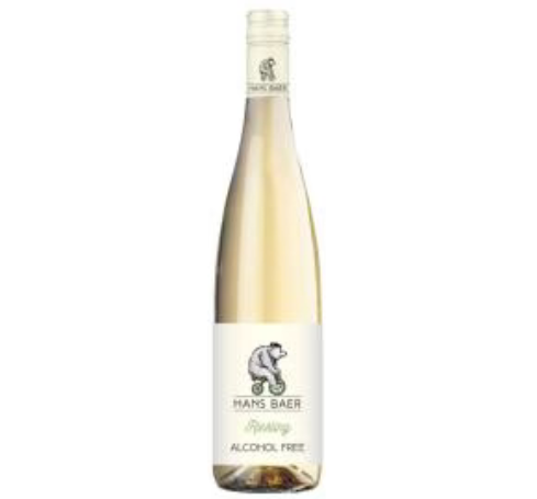 Bottle of Hans Baer alcohol-free wine on a white background