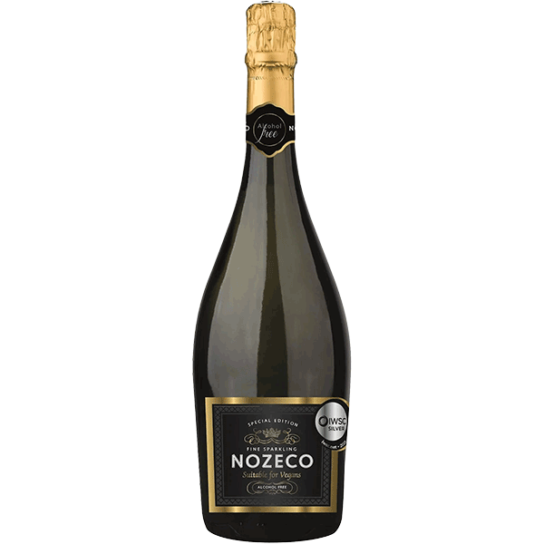 Bottle of Nozeco NA sparkling wine on a white background