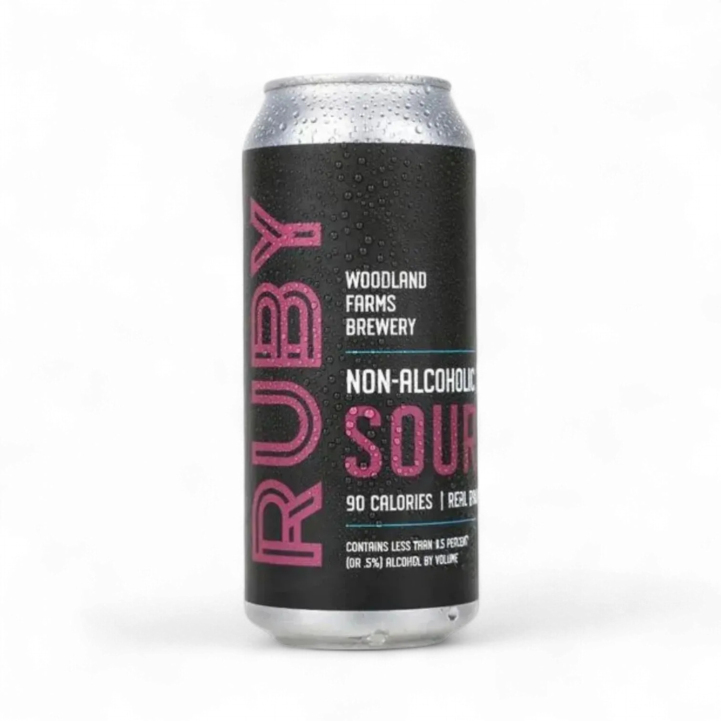 Non-alcoholic sour beer can from Woodland Farms Brewery on a white background