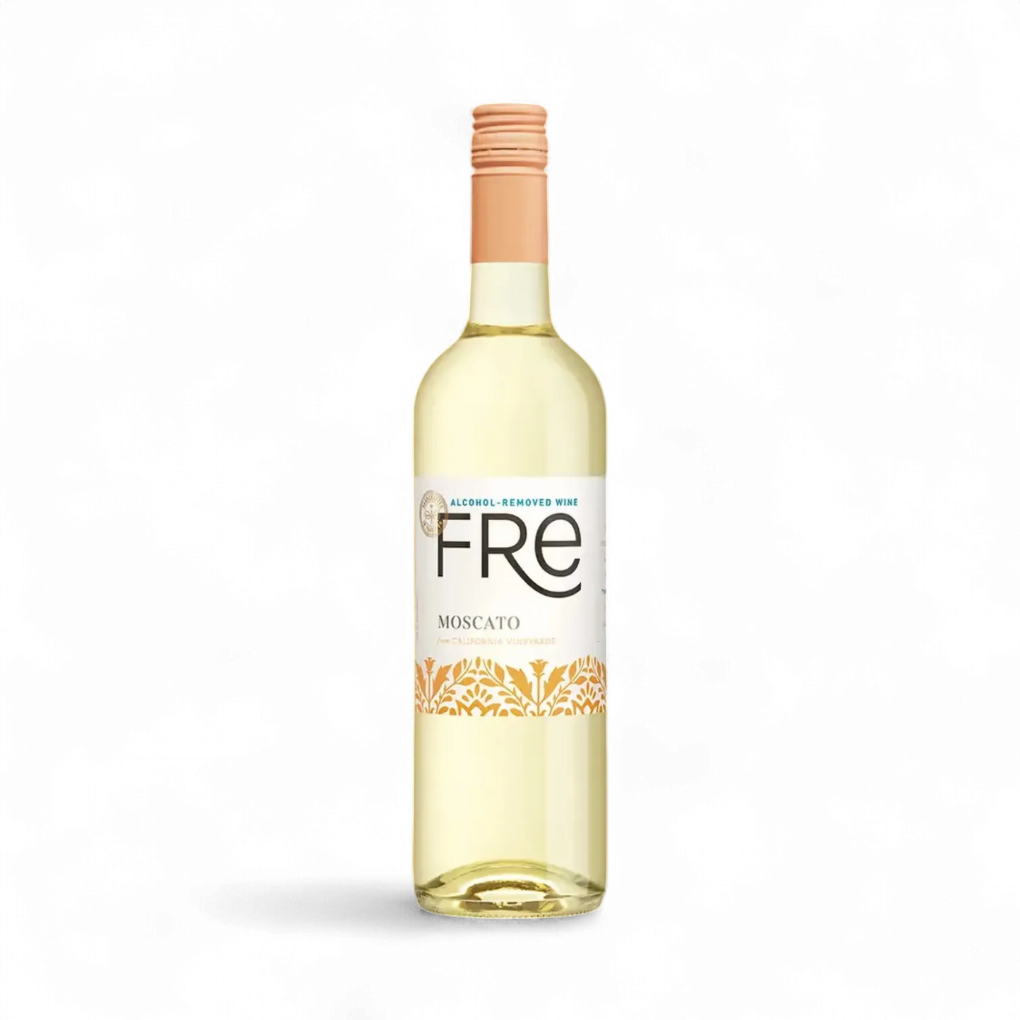 Bottle of FRE Moscato wine on a white background