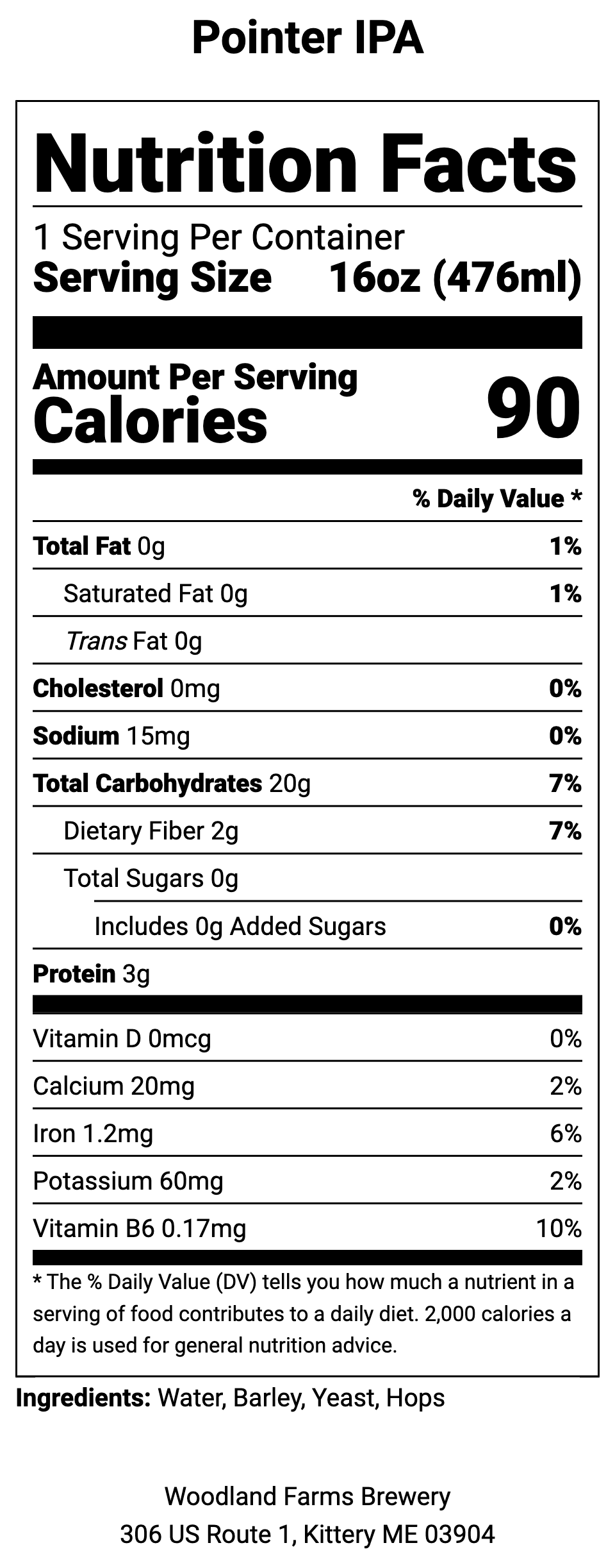 Nutrition facts label for Pointer IPA with serving size, calories, and ingredient list.