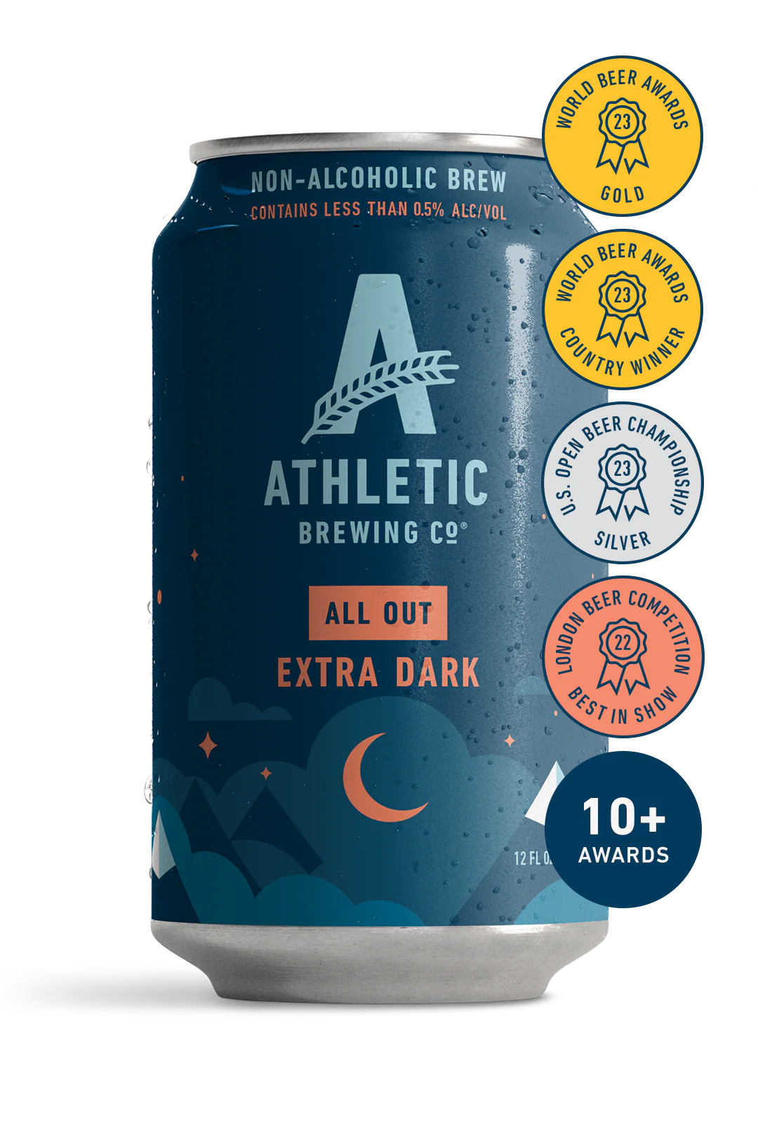 Athletic Brewing Co. non-alcoholic beer can with awards on a white background