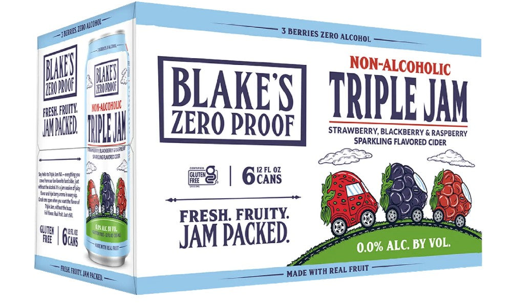 A 6-pack cardboard box of Blake's Zero Proof Non-Alcoholic Triple Jam sparkling flavored cider. The packaging is white with light blue borders, featuring the brand name 'Blake's' in a dark blue box and illustrations of red, purple, and green cars carrying berries (strawberry, blackberry, raspberry) on a grassy hill.