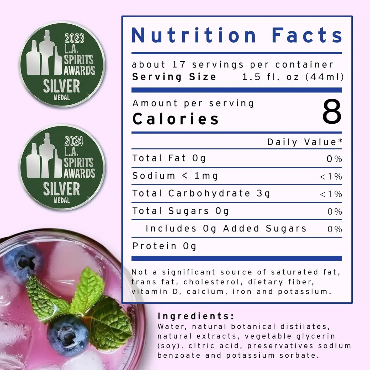 Nutrition facts label for a drink with 2023 L.A. Spirits Awards silver medal badges.