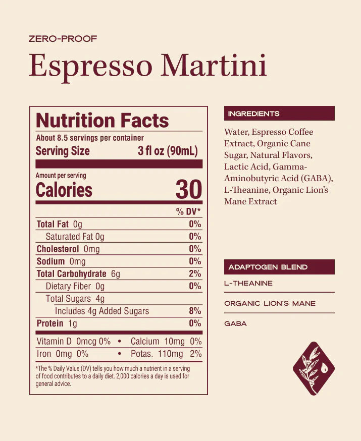 Nutrition facts and ingredients label for Zero-Proof Espresso Martini on a beige background