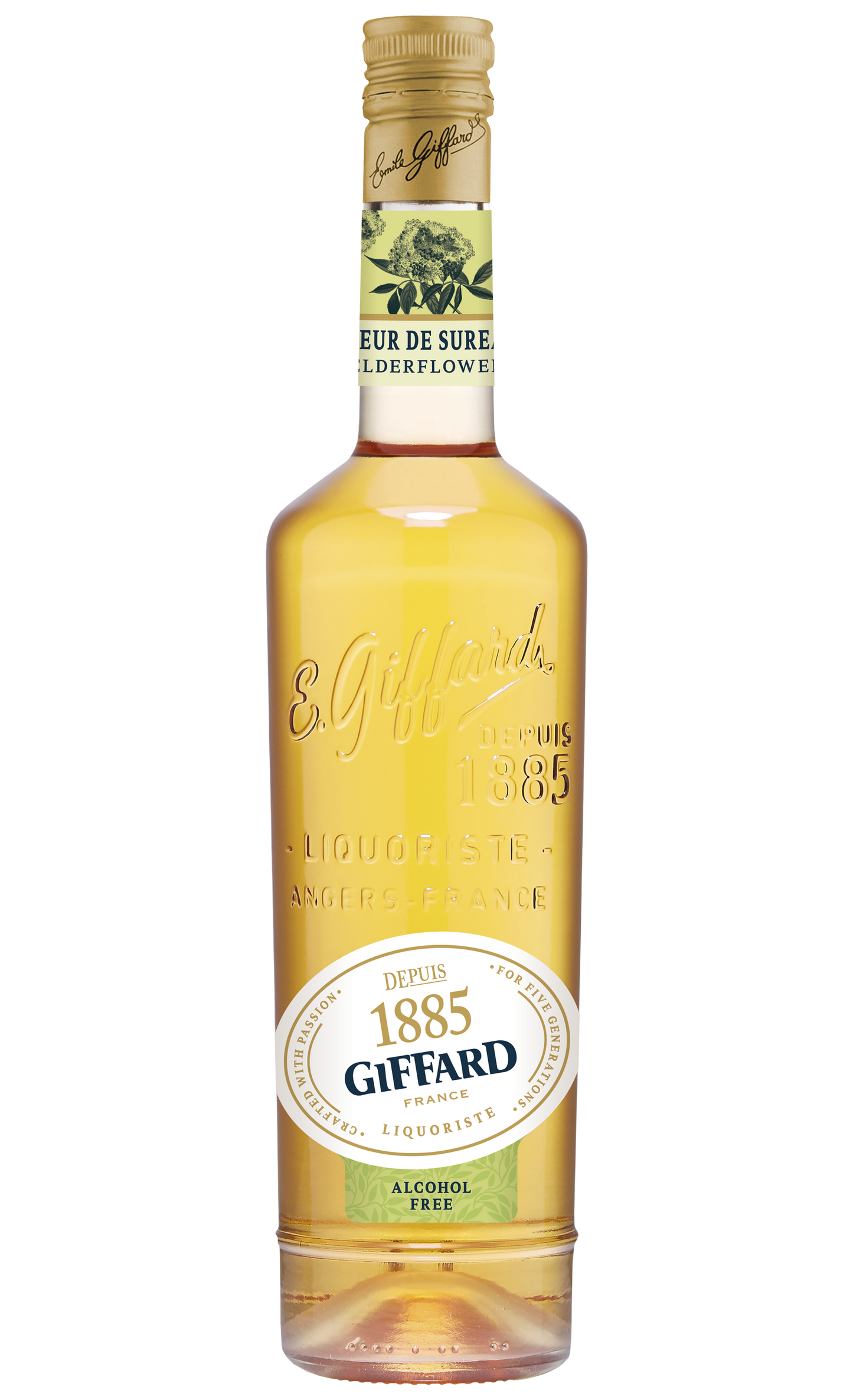 Giffard elderflower liqueur bottle on a white background