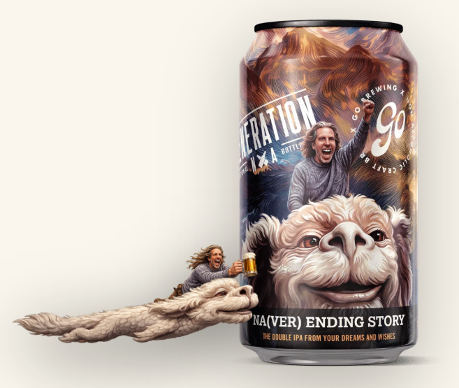 A single craft beer can with a highly detailed illustrated label, shown on a clean off-white background. The label features a large dog face, a person holding a beer, and dramatic orange flames.