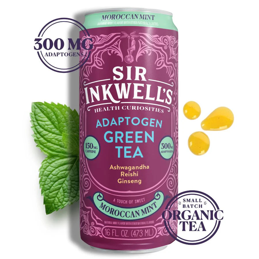 Sir Inkwell's Adaptogen Green Tea can with mint leaves and tea bags on a white background