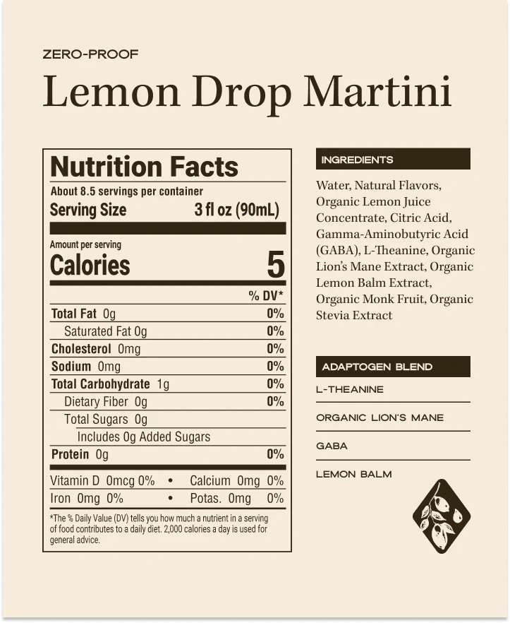 Nutrition facts and ingredients label for a lemon drop martini drink.