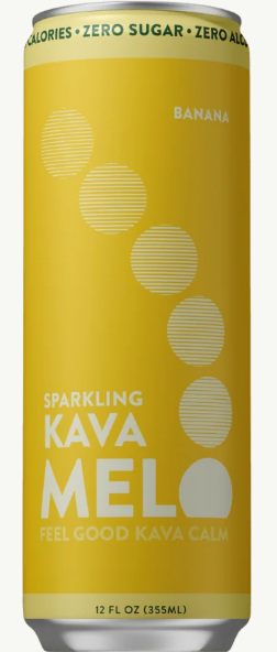 A 12 fl oz can of Sparkling Kava Melo banana flavor beverage, featuring a bright yellow label with white text and circular graphic details.