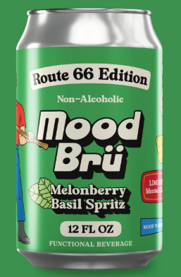 Green can of Mood Brö with Route 66 Edition label on a white background