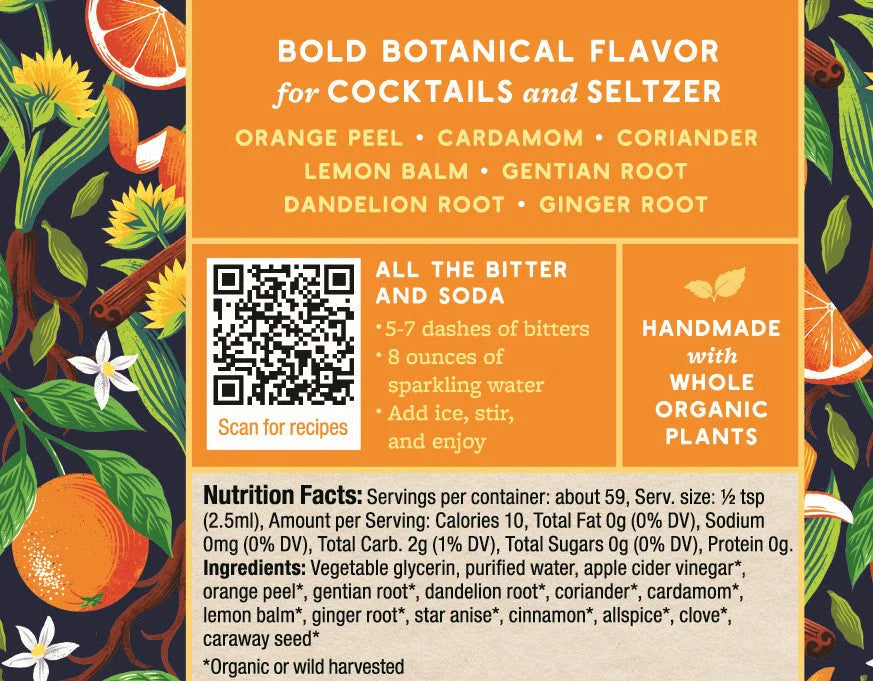 Botanical flavor label for cocktails and seltzer with ingredients and QR code.